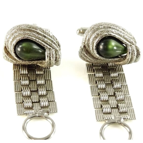 Chunky Vintage Wrap Around Mesh Cufflinks Silvertone Steampunk Green - Picture 2 of 5